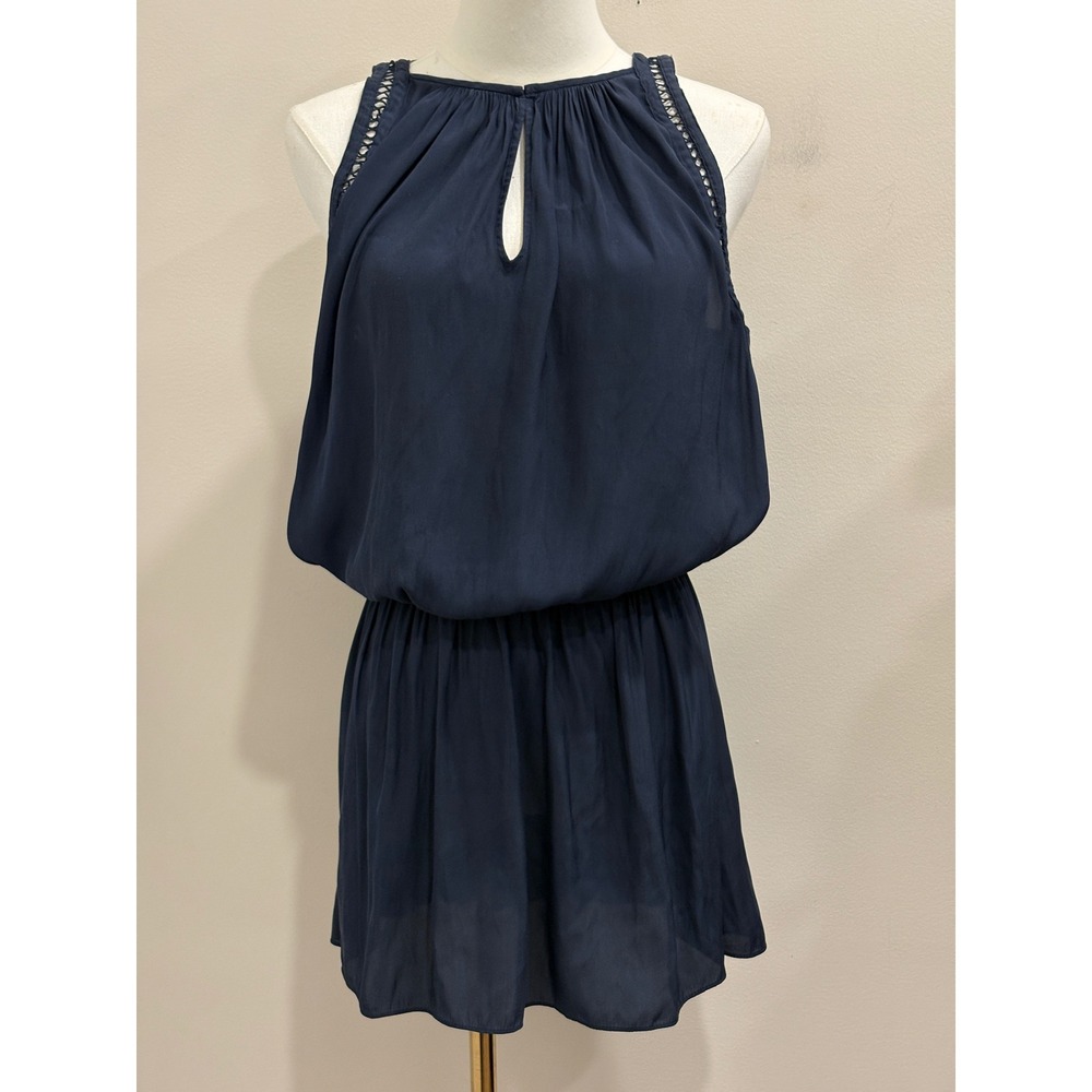 Ramy Brook Elda Sleeveless Keyhole Smocked Blouson Mini Dress Navy Blue Medium